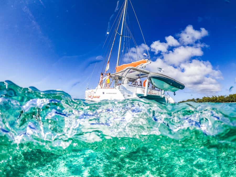 A catamaran anchored off the northern islands of Mauritius